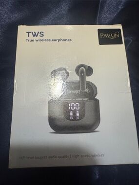 Pavun TWS True Wireless Earbuds - Black - (box damaged - earbuds never used)